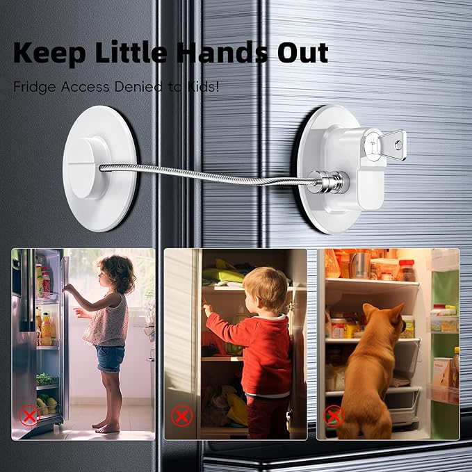 2 Pack Refrigerator Lock with Sticky Adhesive Pads, Child Proof Refrigerator/Fridge/Freezer Door Lock for Toddlers and Kids, Baby Safety Locks for RV Refrigerator, Cabinets and Drawers, Oven (Patent)-BubblyBeeBaby