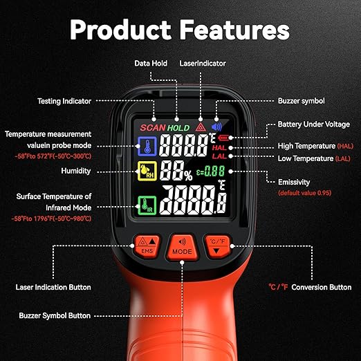 Infrared Thermometer Temperature Gun -58°F to 1796°, 16:1 Non Contact Laser Thermometer Gun with Thermocouple Probe for Humidity, Pizza Oven, Griddle, Ir Temp Gun for Home and Industry Repair-BubblyBeeBaby