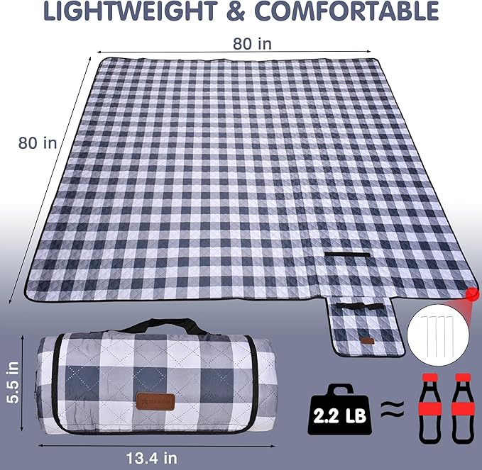 HX&OD Outdoor Picnic Blanket, Extra Large, 80''x80'' Waterproof Foldable Blankets Gingham Picnic Mat for Beach, Camping Grass Lawn Park Accessories Cute Couple Ideas Wedding (Gray, 80”x80”)-BubblyBeeBaby