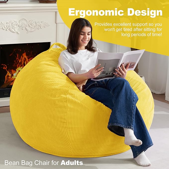 Homguava 3.5FT Bean Bag Chair: Teardrop Bean Bags with Memory Foam Filled, Compact Beanbag Chairs Soft Sofa with Corduroy Cover (Yellow)-BubblyBeeBaby