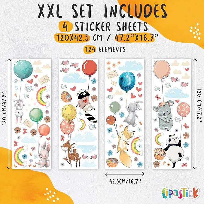Hot Air Balloon Wall Decals by Lipastick - Peel and Stick Animal Stickers Raccoon, Fox, Koala, Panda for Kids Room, Nursery, Playroom, Bedroom - Removable Wall Decor for Boys, Girls, Babies - XXL Size-BubblyBeeBaby
