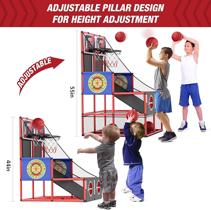 2 in 1 Dual Shot Basketball Arcade Game with 2 Dart Boards/Electronic Scoreboard/LED Light, Kids Basketball Hoop for Home Indoor Outdoor, Sport Toys Gifts for Boys Girls-BubblyBeeBaby