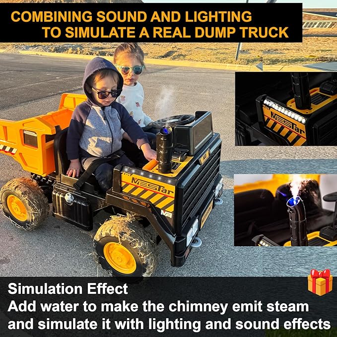 24V Ride On Dump Truck, 24inch-2 Seater Ride On Car for Kids w/Remote Control 4WD/2WD Up to 5 Mph, 24v Ride on Toys for Big Kids w/Electric Dump Bed Extra Shovel Traffic Cones (Yellow)-BubblyBeeBaby