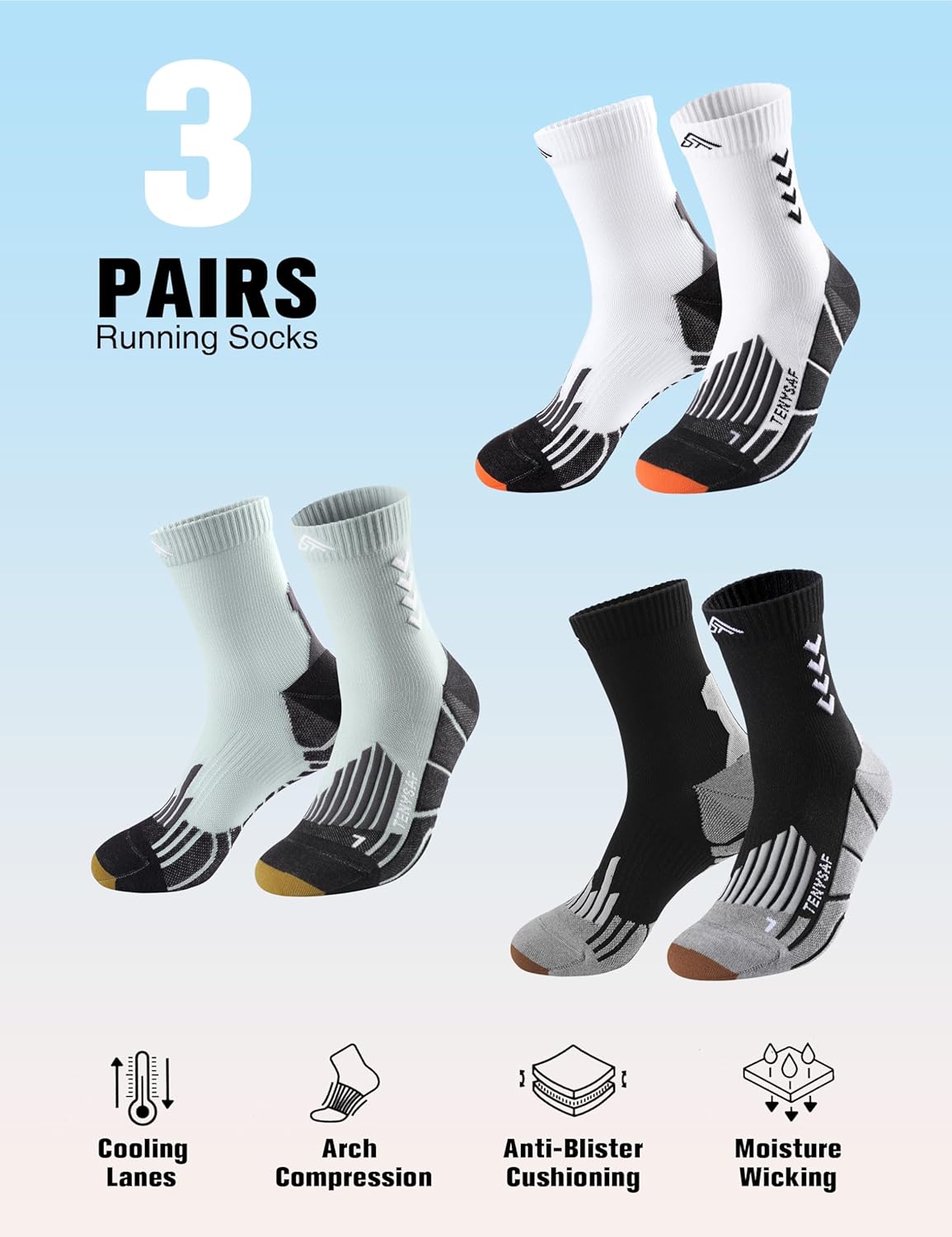 Compression Crew Running Socks: Athletic Socks for Men Women with Cushion,3 Pairs Work Hiking Basketball Sport Socks