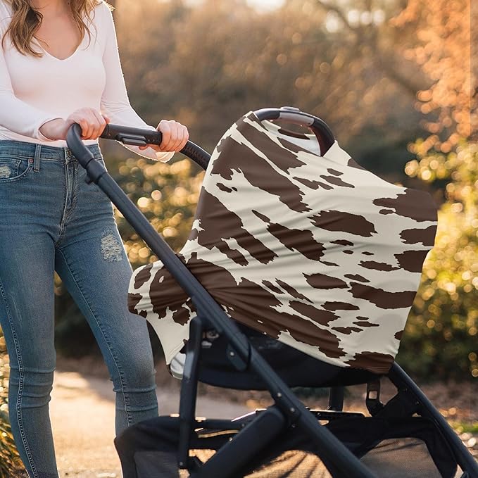 Binienty Baby Car Seat Covers Nursing Cover Soft Stretch Breastfeeding Scarf, Animal Brown Cow Stripe Print, Baby Infants Canopies-BubblyBeeBaby