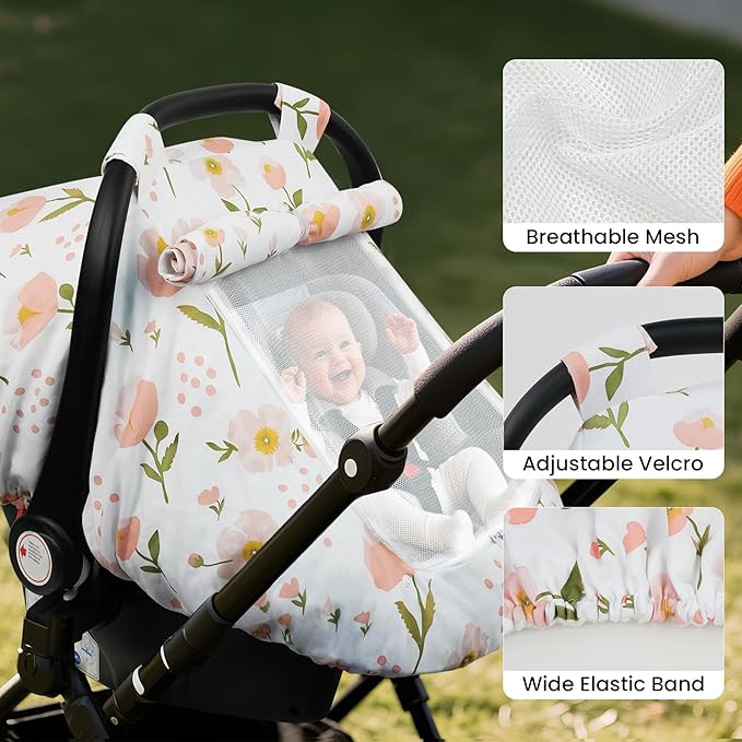 Elstey Car Seat Cover Baby, Minky Dot Carseat Covers Baby Girls, Lightweight Infant Car Seat Cover Canopy with 2 Layers Breathable Mesh Windows, Stroller Carrier for Babies Newborn Essentials-BubblyBeeBaby