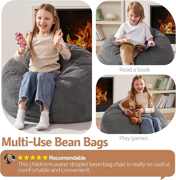 Homguava 2FT Bean Bag Chair,Teardrop Bean Bags Small Beanbag Chair with Memory Foam Filled and Ultra Soft Corduroy Cover for Living Room, Bedroom (Small,Grey)-BubblyBeeBaby