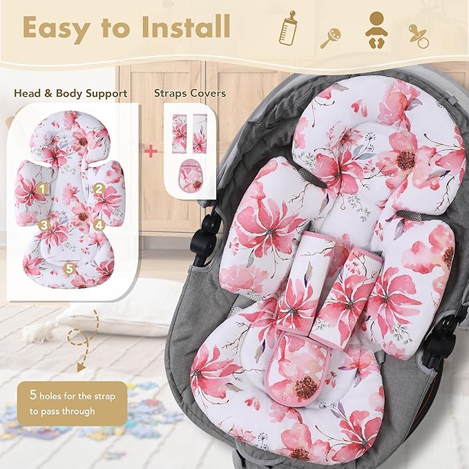 Infant Car Seat Insert, 2-in-1 Head & Body Carseat Support for Baby Newborn Toddler with Strap Covers, Reversible Ultra-Soft Cushion for Baby Carseat, Stroller, Swing & Bouncer-BubblyBeeBaby