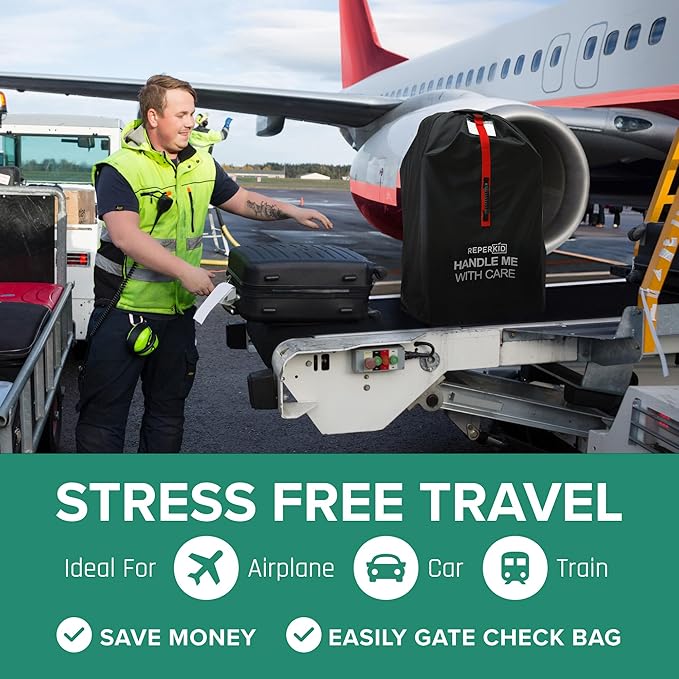 reperkid Medium Stroller Bag for Airplane Travel, Black & Red, 42" H x26 W x13 D, Fits Most Single Strollers Incl. Jogging & Standard Models – Premium Waterproof Cover, Adjustable Shoulder Straps-BubblyBeeBaby