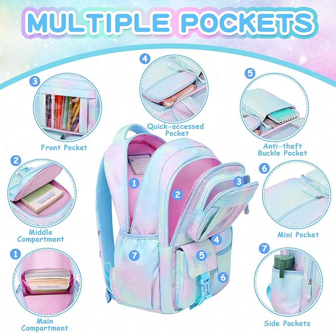 Kids Backpack for Girls - School Bags for Middle School Students - Book Bag for Elementary Primary - Blue-BubblyBeeBaby