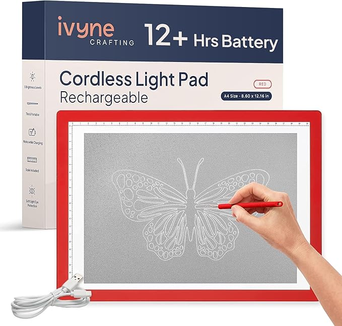 iVyne Rechargeable A4 Light Pad for Tracing & Weeding - LED Light Board for Weeding Vinyl - for Cricut Vinyl Weeding Tools - Ultra-Thin & Portable - Perfect for Artists & Crafters - Red-BubblyBeeBaby