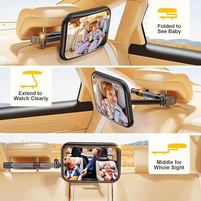 Baby Car Mirror, Stretchable 360° Caring Baby Mirror for Car Seat Rear Facing Seat Infant Shatterproof, Baby Essentials for Newborn, Crash Tested and Certified-BubblyBeeBaby