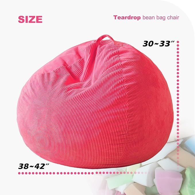 Homguava 3.5FT Bean Bag Chair: Teardrop Bean Bags with Memory Foam Filled, Compact Beanbag Chairs Soft Sofa with Corduroy Cover (Pink)-BubblyBeeBaby