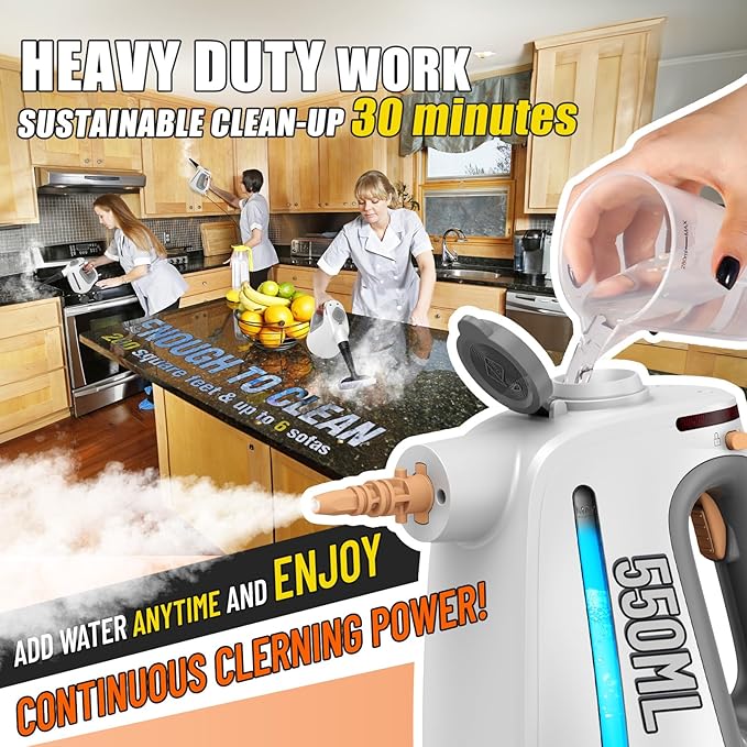 Heavy Duty Handheld Steam Cleaner for Cleaning with Lockable Steam Button&11pcs Accessories, Unlimited Water Addition for Continuous Steaming, Multi-Purpose Steamer for Cleaning Car, Grout (grey)-BubblyBeeBaby