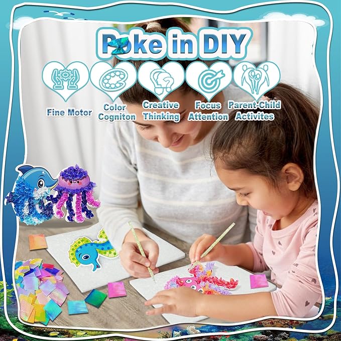 JRD&BS WINL Magical Ocean Animal Poke Art - Dolphin, Jellyfish, Seahorse, Turtle, Octopus | No-Mess Craft Kit for Kids 4-9 | Marine Biology Learning Toy | Creative Gift for Preschoolers-BubblyBeeBaby