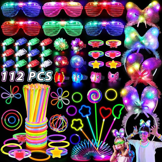 112PCS Glow in the Dark Party Supplies for Kids Adults, Light Up Party Favors with Light Up Glasses, 50 Glow Sticks Bulk Pack for DIY Bracelets Necklaces, Neon Party Supplie Decorations for Hallowee-BubblyBeeBaby