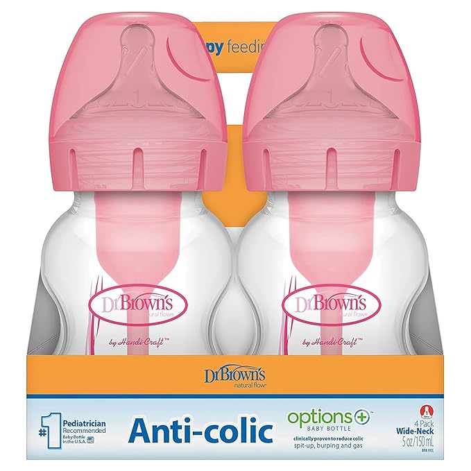 Dr. Brown's Natural Flow Anti-Colic Options+ Wide-Neck Baby Bottles 5 oz/150 mL,with Level 1 Slow Flow Nipple, Pink 4 Pack, 0m+-BubblyBeeBaby