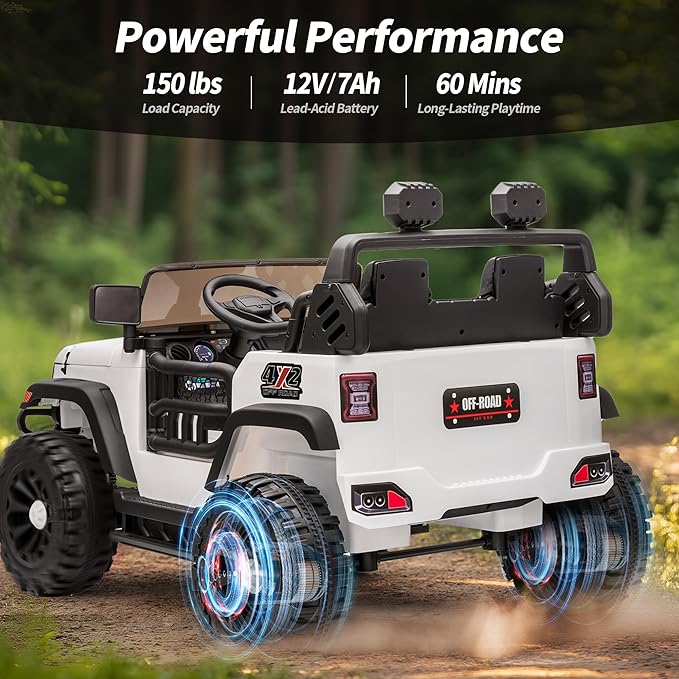 2 Seater Ride on Car Truck, 12V Kids Electric Ride on Toy for Big Kids Age 3-8 w/Remote Control- White-BubblyBeeBaby