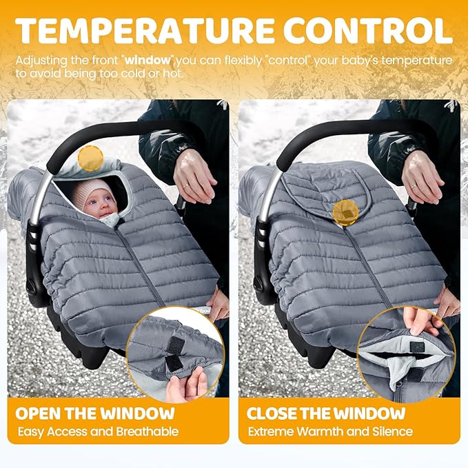 Orzbow Winter Car Seat Cover - Baby Car Seat Cocoon Cover for Boys & Girls, Warm Carseat Canopy Cover to Protect Baby from Wind, Rain & Snow, Waterproof, Universal Fit for Infant Car Seat, Grey-BubblyBeeBaby
