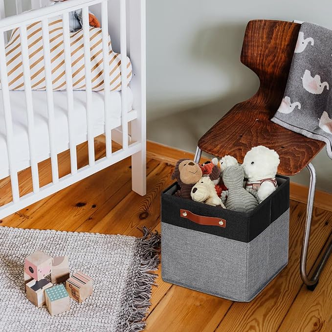 HNZIGE Cube Storage Baskets,Fabric Storage Cubes 12 x 12, Set of 4,Decorative Storage Baskets for Organizing with Handles,Closet Bins for Shelf Organizer Home Toy Nursery Closet(Black Gray)-BubblyBeeBaby