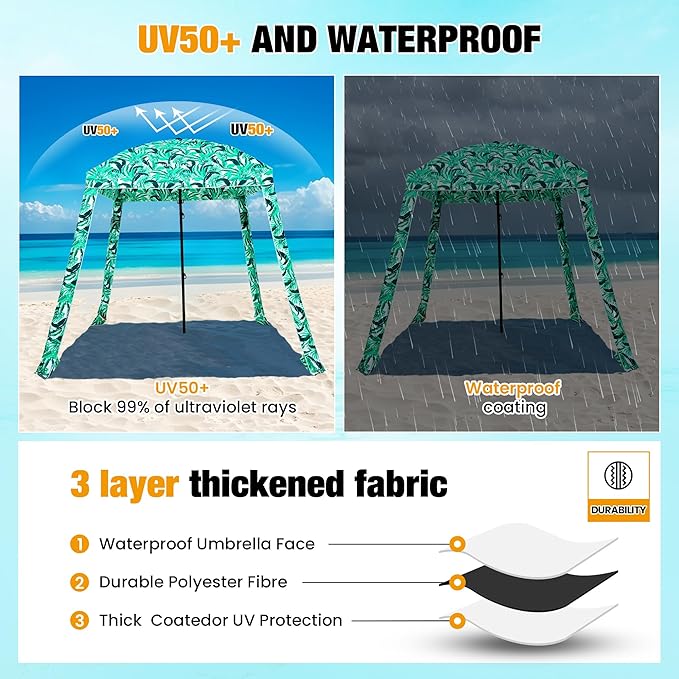 HOMEDEMO Beach Canopy UPF 50+, 6'×6', Easy Set up and Take Down Tent with Sand Pockets, Side Wall Shade Wind Waterproof for Kids, Family & Friends-BubblyBeeBaby