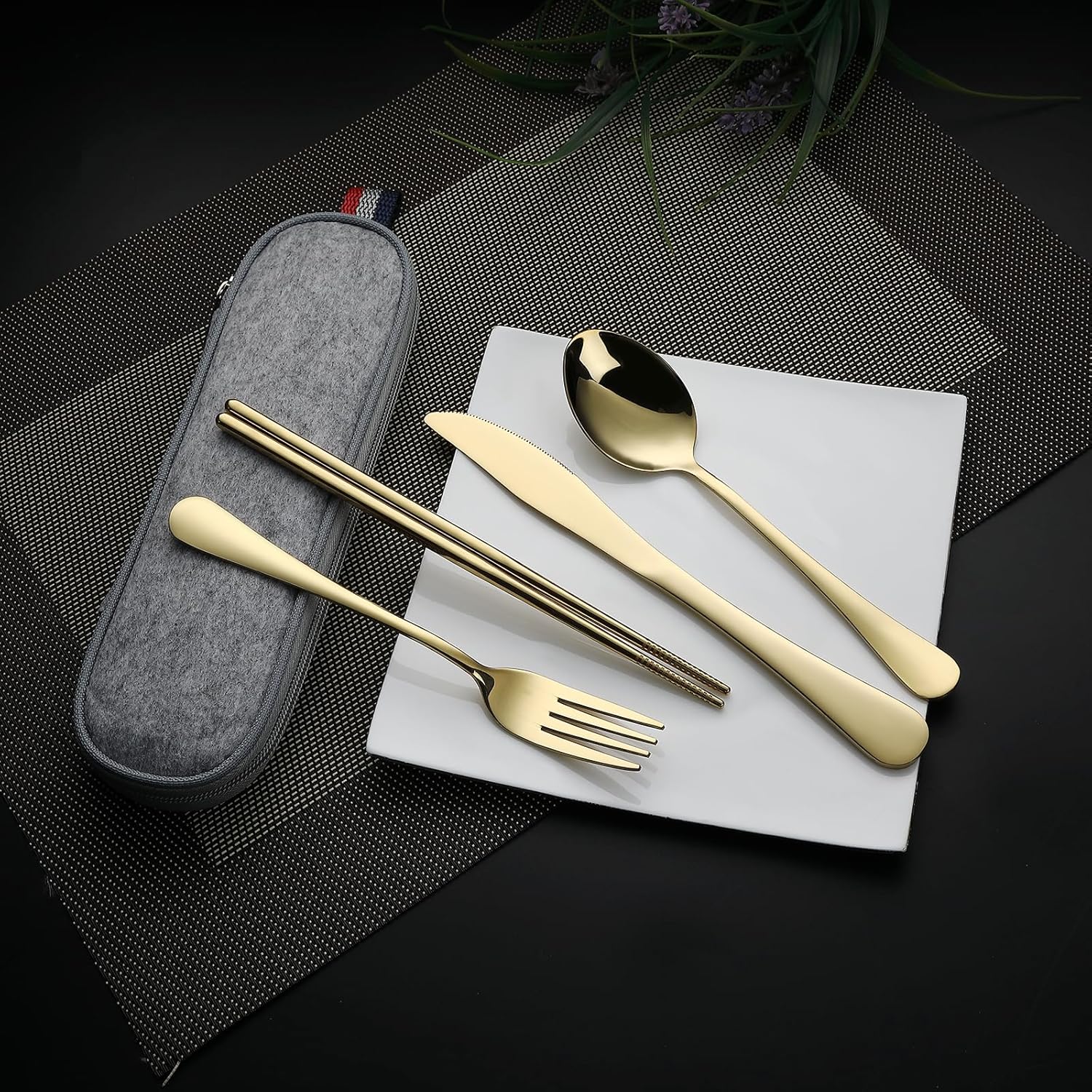 DEVICO Camping Utensils, Portable Travel Utensils with Case, Stainless Steel Reusable Silverware for Lunch Adult, 5Pcs Cutlery Set Includes Knife Spoon Fork Chopsticks and Case (Gold)
