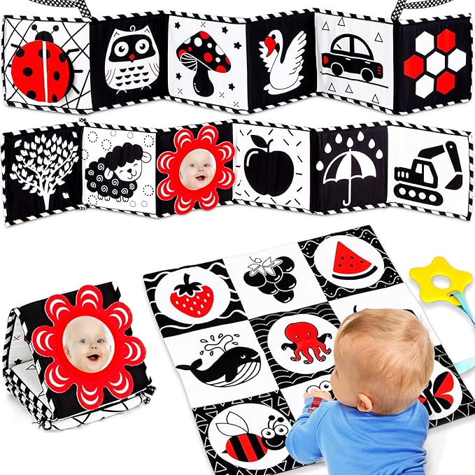 High Contrast Baby Toys for Newborn Infant 0-6 Months Montessori Tummy Time Black and White Sensory Crinkle Toys 0-3 3-6 Months Soft Books Carseat Toys for Baby Boys Girls Easter Basket Stuffers Gifts-BubblyBeeBaby