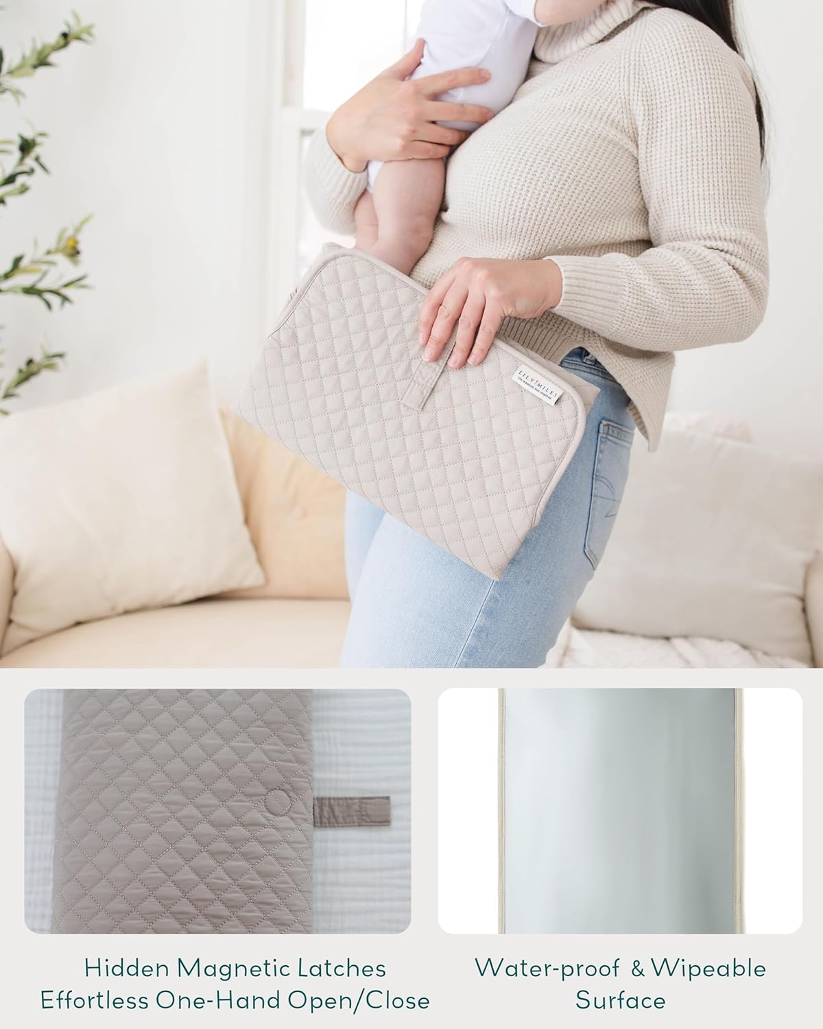 Lily Miles Diaper Changing Pad Portable, Baby Changing Mat with Magnetic Latches, Travel Pad for Diaper Bag, Baby Essentials, Wipeable & Waterproof Mat (Soft Sand, Regular)
