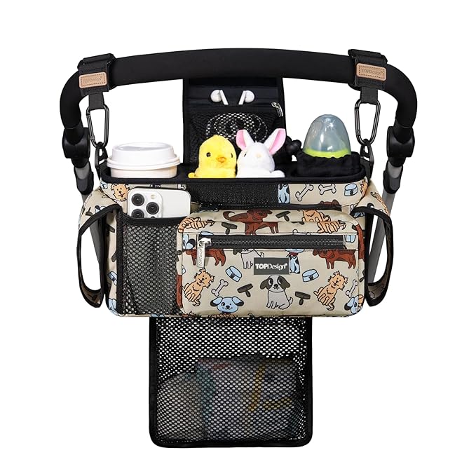 TOPDesign Universal Baby Stroller Organizer, Stroller Caddy with Detachable Mesh Bag & Heightened Insulated Cup Holders & Non-Slip Secure Hooks Accessories, Fits Most Strollers (Dogs)-BubblyBeeBaby