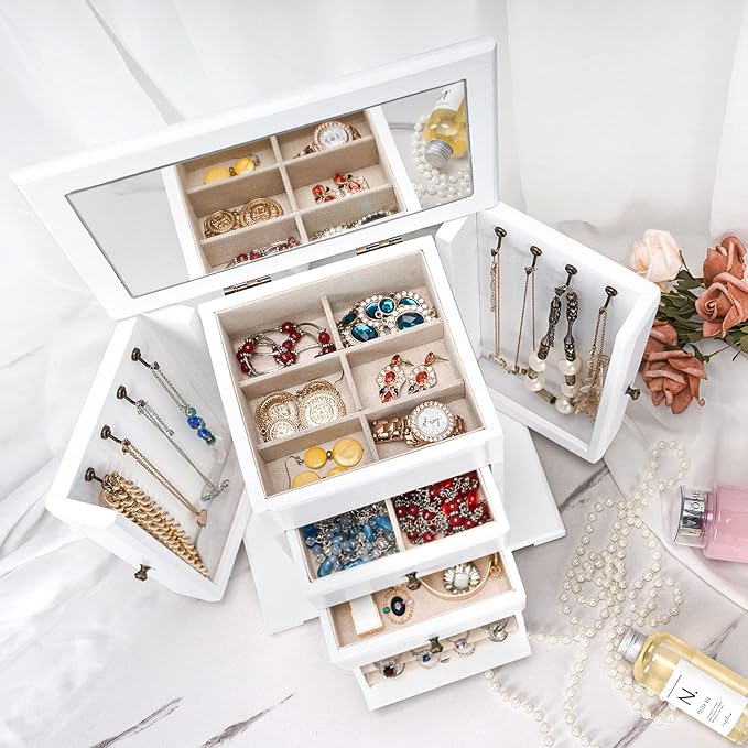 Jewelry Box for Women, Rustic Wooden Jewelry Boxes & Organizers with Mirror, 4 Layer Jewelry Organizer Box Display for Rings Earrings Necklaces Bracelets (Weathered White)-BubblyBeeBaby