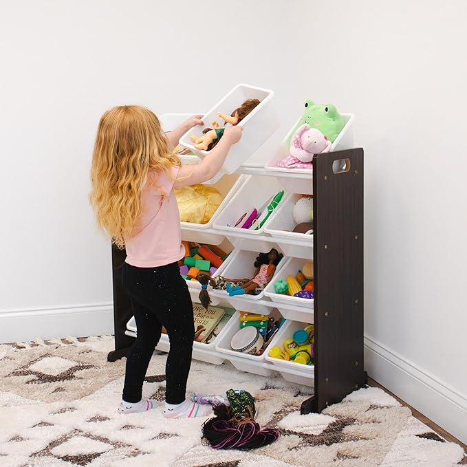 Humble Crew Kids Toy Storage Organizer with 12 Plastic Bins, Espresso/White – Removable Bins for Playroom, Bedroom, Toddler Furniture for Boys and Girls Ages-BubblyBeeBaby