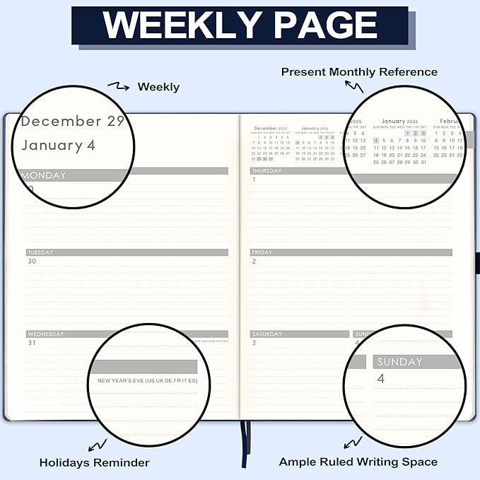 2026 Planner - Weekly and Monthly Planner 2026, JAN 2026 - DEC 2026, 8.5" x 11", Leather Cover 2026 Planners with Thick Paper, Back Pocket with Notes Pages - Blue-BubblyBeeBaby