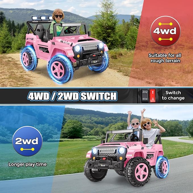 Hikole 24V Ride on Toys for Kids - 4WD/2WD Switchable 2 Seater Kids Electric Car with 4x200W Motors, Remote Control, 3 Speeds, LED Lights, MP3 Player, Safety Belt, Gift for Girls, Pink-BubblyBeeBaby