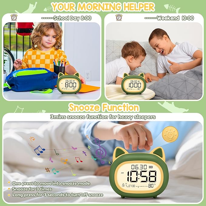 Kids Alarm Clock with Night Light for Kids, Small Digital Alarm Clocks for Bedrooms, Routine Builder, Cute Cat Alarm Clock with Sleep Training, Snooze, 12/24H, Date & Day, Temperature, USB Port-BubblyBeeBaby