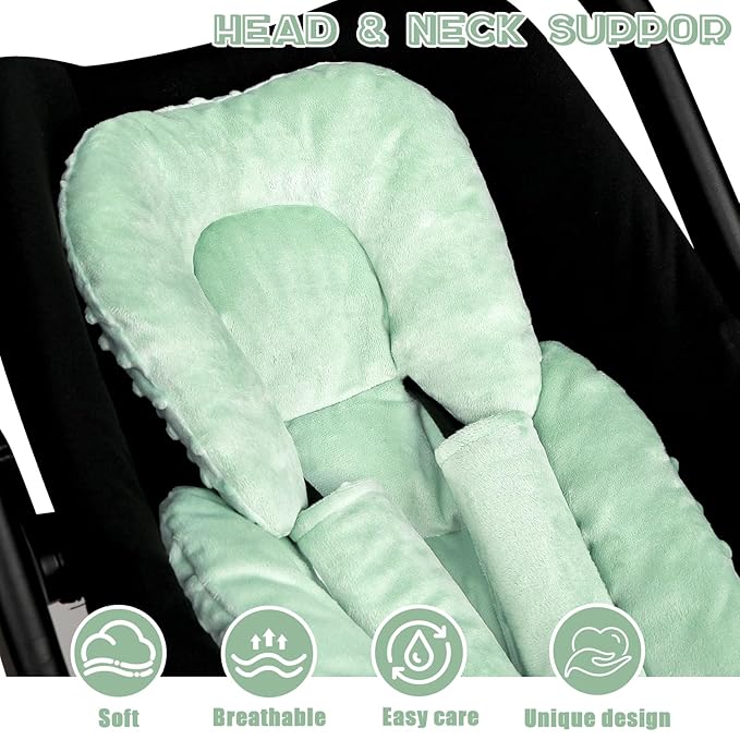 GFU Infant Car Seat Insert Head and Body Support, Reversible Newborn Insert for Carseat with Strap Pads, Soft Stroller Cushion Pillow Insert for Boys and Girls, Fits for Stroller, Swing, Green-BubblyBeeBaby