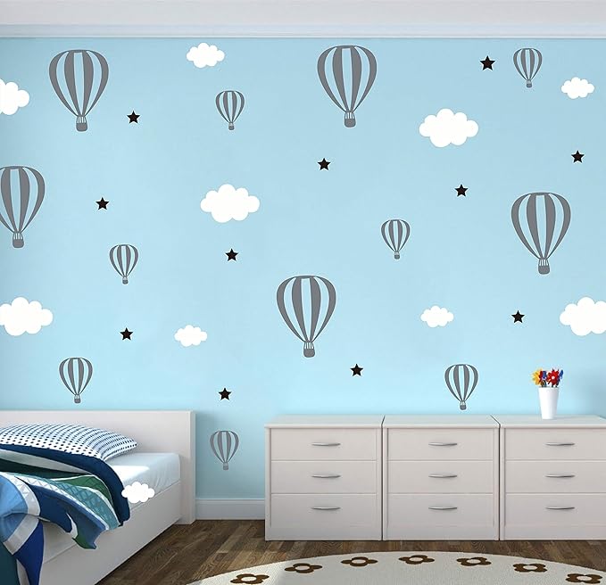 Hot Air Balloons Clouds and Stars Nursery Decor DIY Wall Stickers Bedroom Self Adhesive JW577 (Color 1)-BubblyBeeBaby