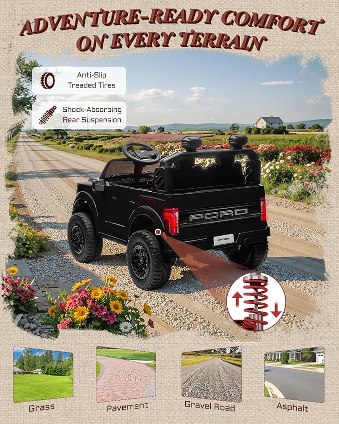 24V Ride on Toys for Big Kids, Licensed Ford F-150 Raptor 2 Seater Kids Ride on Car w/Remote Control, Toddler Electric Car w/LED Lights, Bluetooth, Truck Bed Storage, Soft Start (Black)-BubblyBeeBaby