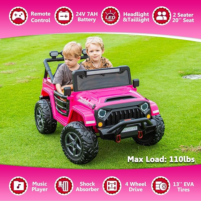 24V 2 Seater Ride On Truck with Remote Control 4WD Electric Car for Kids Ride On Car Battery Powered Ride On Toy Car with Music Player, LED Lights, Bluetooth, Rear Shock Absorber, Hot Pink-BubblyBeeBaby