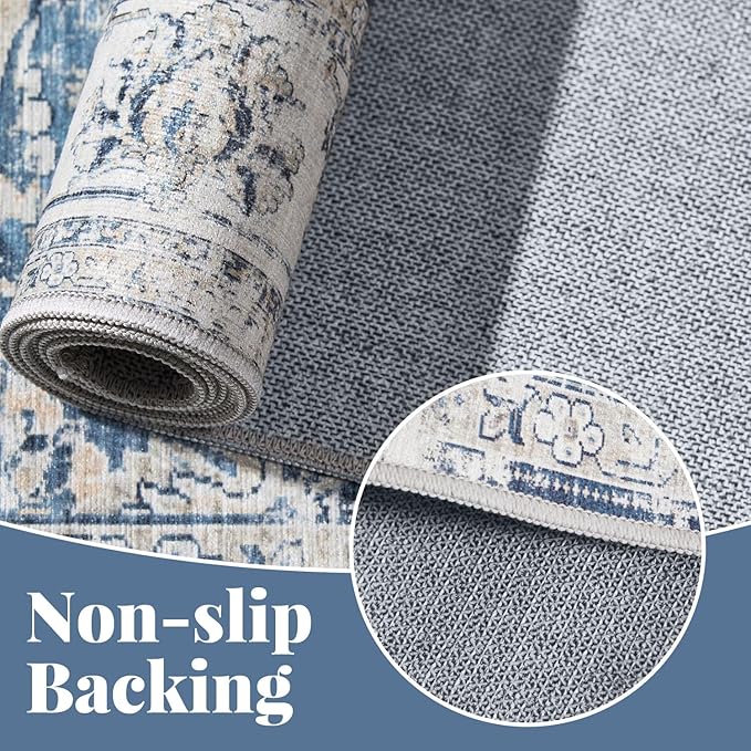 jinchan Runner Rug 2x6 Machine Washable Hallway Rug Dark Blue Vintage Floral Print Non-Slip Low Pile Ultra-Thin for Kitchen,Entryway,Laundry Room,Bedroom,Farmhouse (2‘x6’,Dark Blue)-BubblyBeeBaby