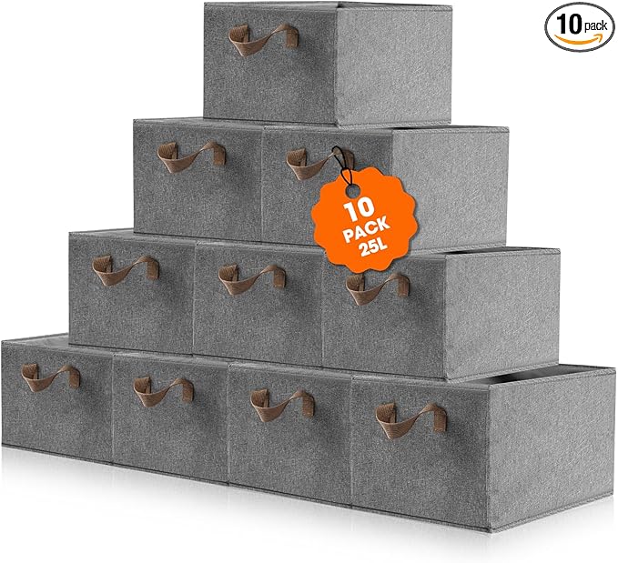 10 Pack Large Capacity Storage Bins, 25L Fabric Closet Organizer With Handles, Collapsible Baskets for Shelves, Clothing, Sheets, Books, Toys (Gray)-BubblyBeeBaby