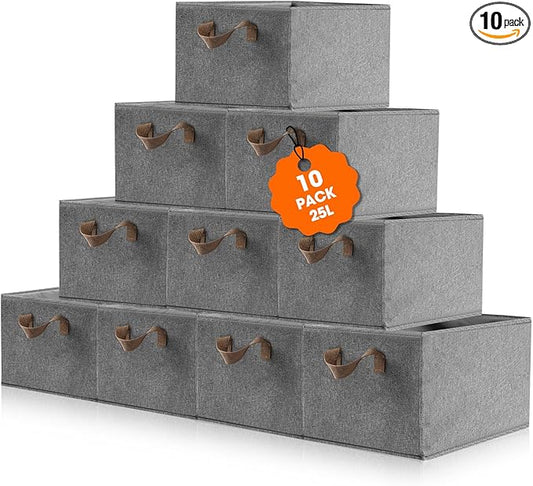 10 Pack Large Capacity Storage Bins, 25L Fabric Closet Organizer With Handles, Collapsible Baskets for Shelves, Clothing, Sheets, Books, Toys (Gray)-BubblyBeeBaby