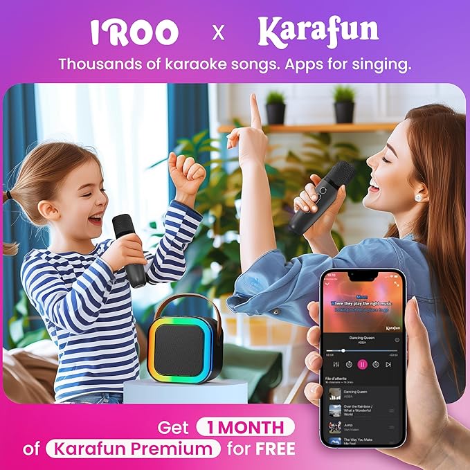IROO Mini Karaoke Machine for Kids, 2025 TOP Toys Birthday Gifts Ideas for Girls Ages 4, 5, 6, 7, 8, 9, 10, 12+ Years Old, Portable MP3 Player with 2 Wireless Mics for Party(Black)-BubblyBeeBaby