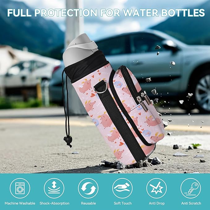 25/32/40/64oz Water Bottle Bag Holder Carrier-Insulated Crossbody Sling Case Sleeve with Strap & Pockets for Men Women Gym Cycling Travel Walking Hiking Camping-BubblyBeeBaby