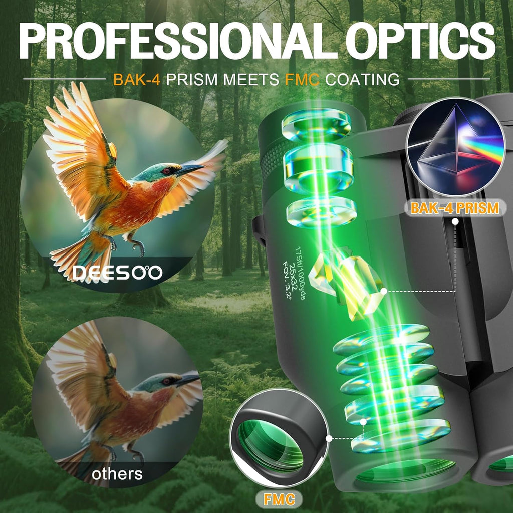 25x32 Binoculars for Adults Kids Compact - DEESOO High Powered Bird Watching Binoculars Lightweight with Small Size for Hunting Traveling Sports Hiking (Black)