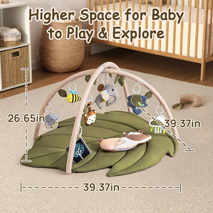 Infant Activity Center for Newborn to Develop Motor Cognition Leaves Leaf-Shaped Baby Play Gym & Activity Mat Extra Large Tummy Time Mat with 8 Detachable Toys-BubblyBeeBaby