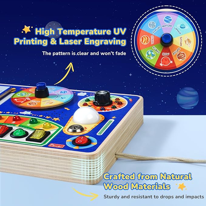 JoyCat Busy Board with Led Light, Toddler Toys for 1 2 3 4 Year Old Boys and Girls, Wooden Sensory Toys with Music, Travel Toy for Toddlers 1-3, Birthday Presents (Blue)-BubblyBeeBaby