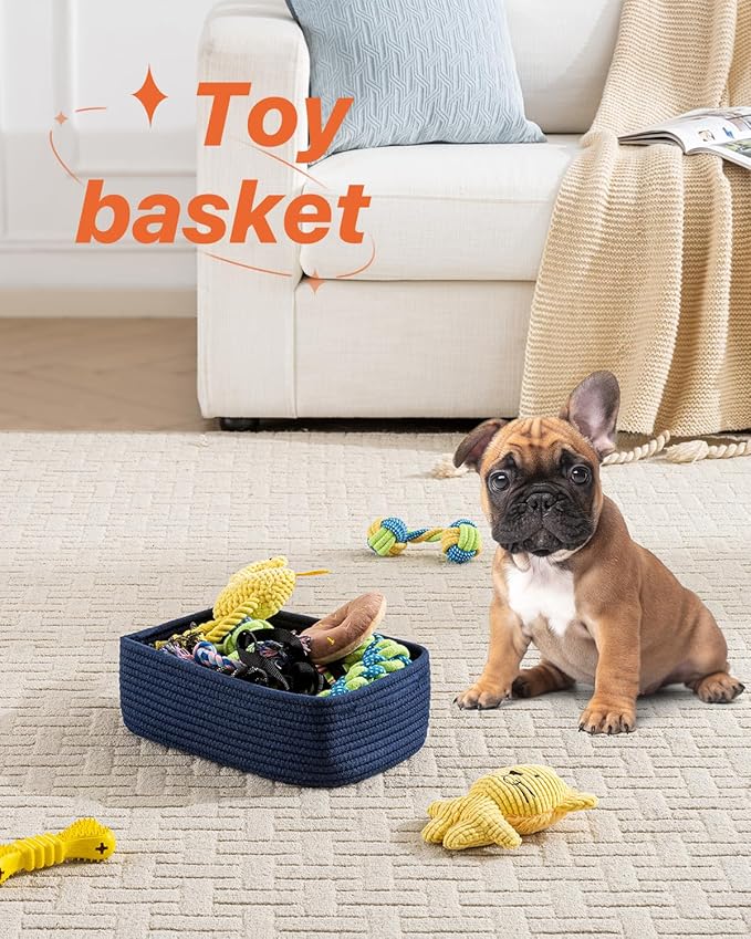 KALLAX Small Woven Basket, 12 x 8 x 4.5 Inches, Storage Basket for Organizing, Cute Small Rope Shelf Closet Cube Storage Bins Baskets for Shelves, Dog Toy Gift Baskets Empty, 3 Packs, Navy Blue-BubblyBeeBaby