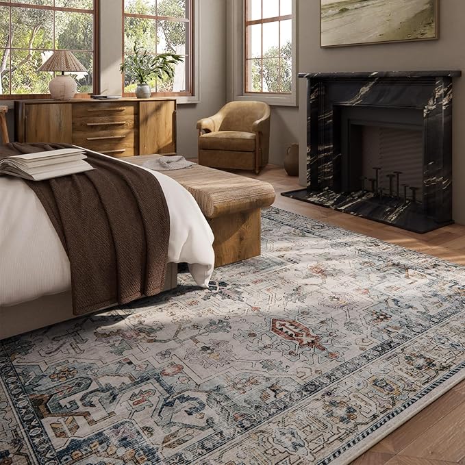 10x14 Area Rugs for Living Room: Washable Bedroom Rug Boho Vintage Rugs Stain Resistant Non Slip Low Pile Soft Lightweight Carpet for Kitchen Dining Room Farmhouse Nursery Kids Room Home Office-BubblyBeeBaby