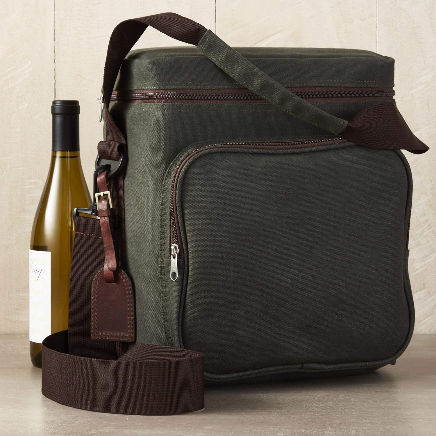 Wine Enthusiast 6-Bottle Waxed Canvas Wine Bag Tote Insulated Wine Carrier Cooler Travel & Picnics Holds Tall Bottles Includes Ice Pack Chilling Reusable Tote Bag for Wine Gifts & Outdoor Gatherings