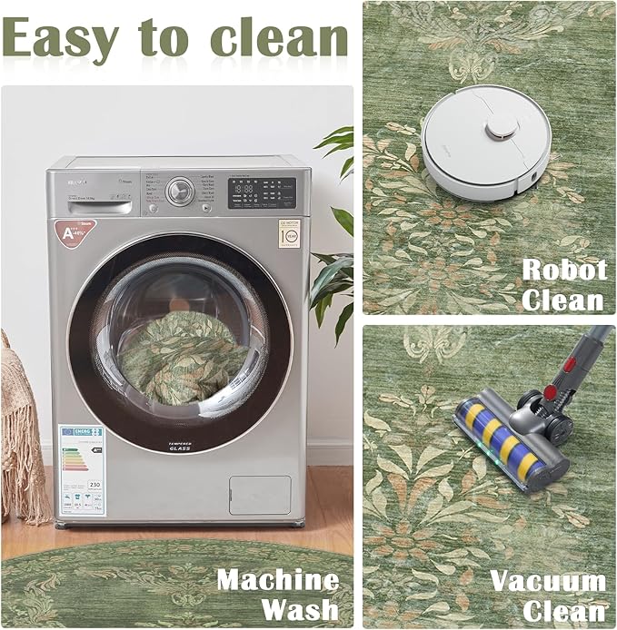 jinchan Round Rug 4ft Area Rugs Vintage Floral Distressed Design,Machine Washable Soft Non-Slip Low-Pile Ultra-Thin Circle Rug for Entryway Bedside Living Room Kitchen Nursery (4' Round,Dark Green)-BubblyBeeBaby